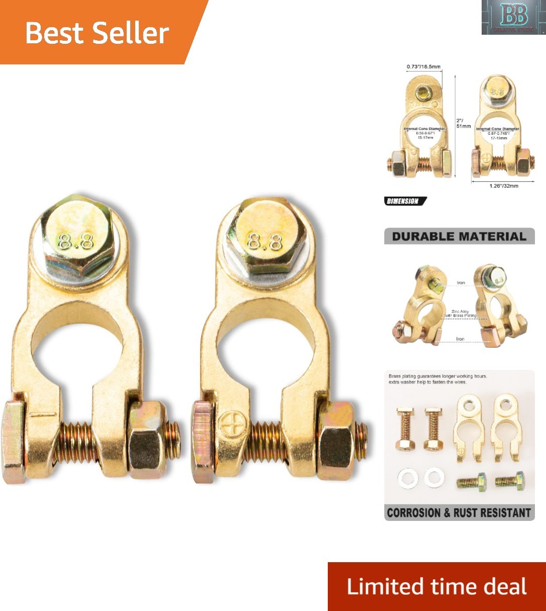 Gold Brass Battery Terminal Connectors for Top Post – 1 Pair for Cars, RVs