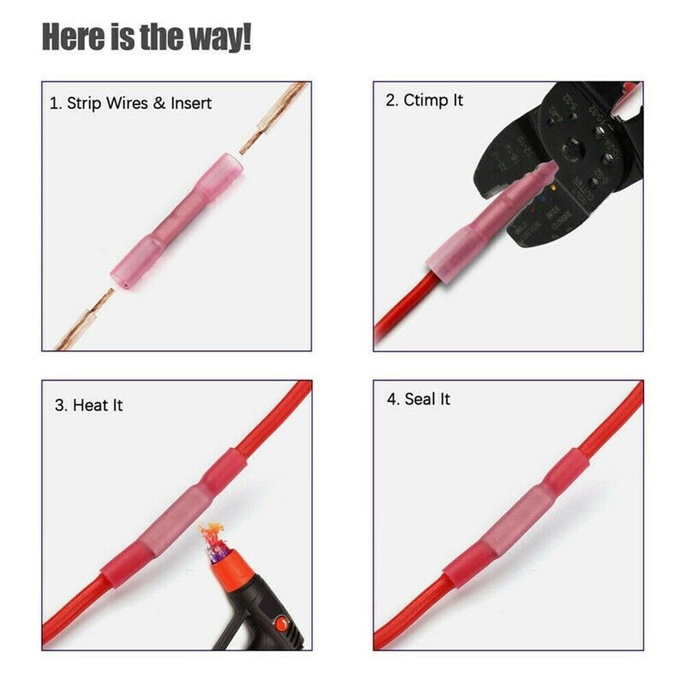 Heat Shrink Waterproof Wire Connectors Red 22-16 AWG Butt Seal Terminals
