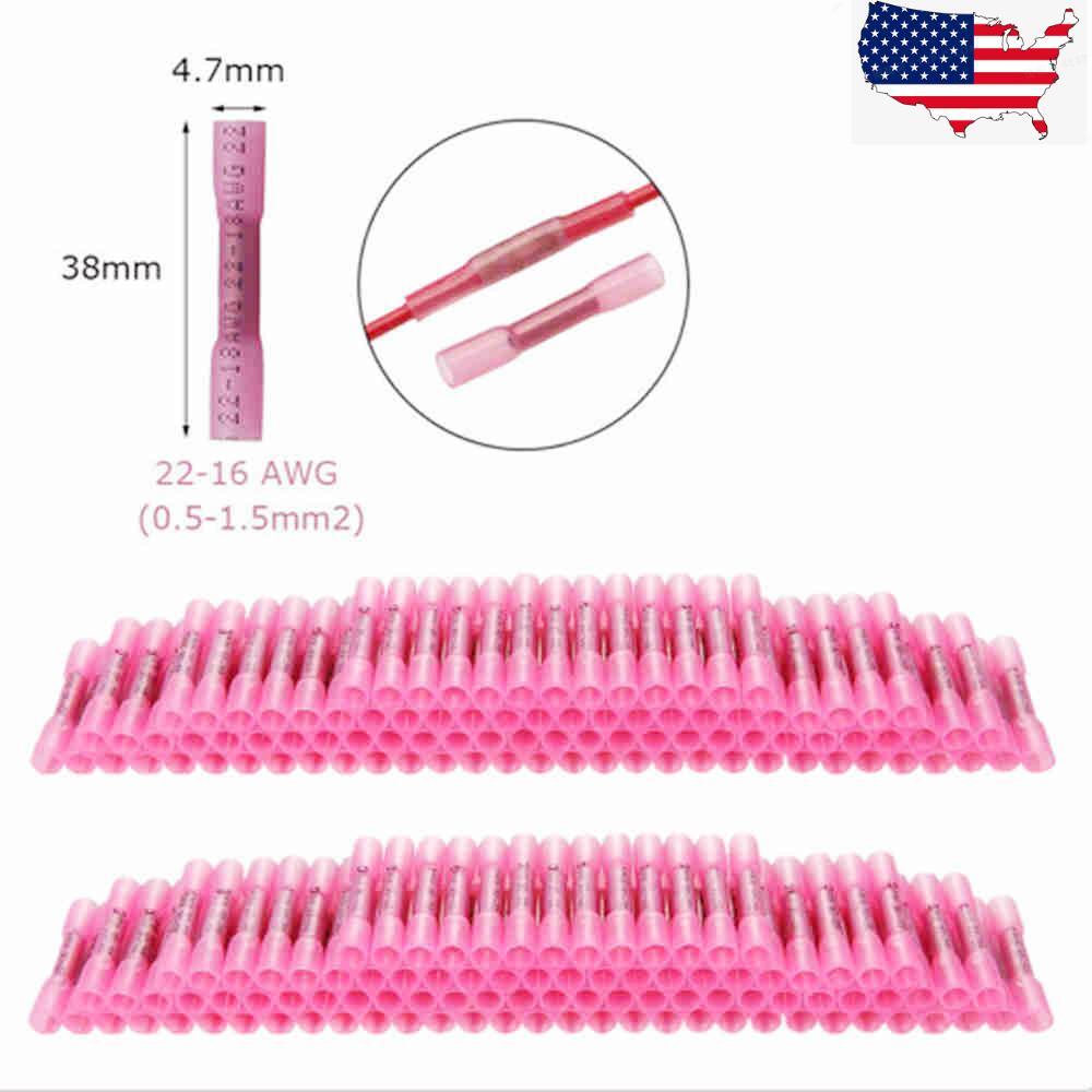 100~300Pcs Heat Shrink Butt Wire Connectors Crimp Terminals AWG 16-22 Gauge US