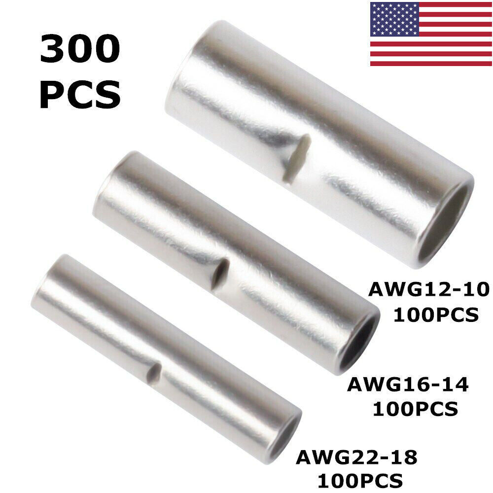 300PCS Tinned Copper 10-22AWG Non-Insulated Butt Connectors Splice Terminals