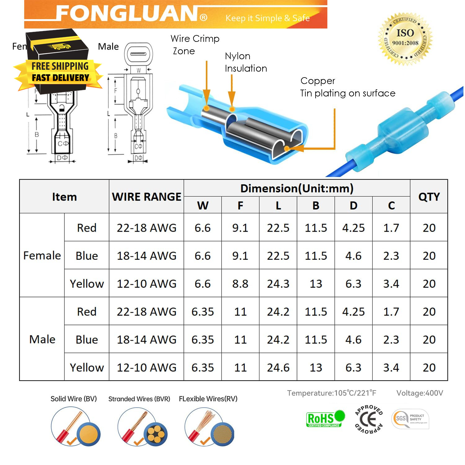 120Pcs Male and Female Spade Connectors 24-10 Gauge Nylon Fully Insulated Wire Q
