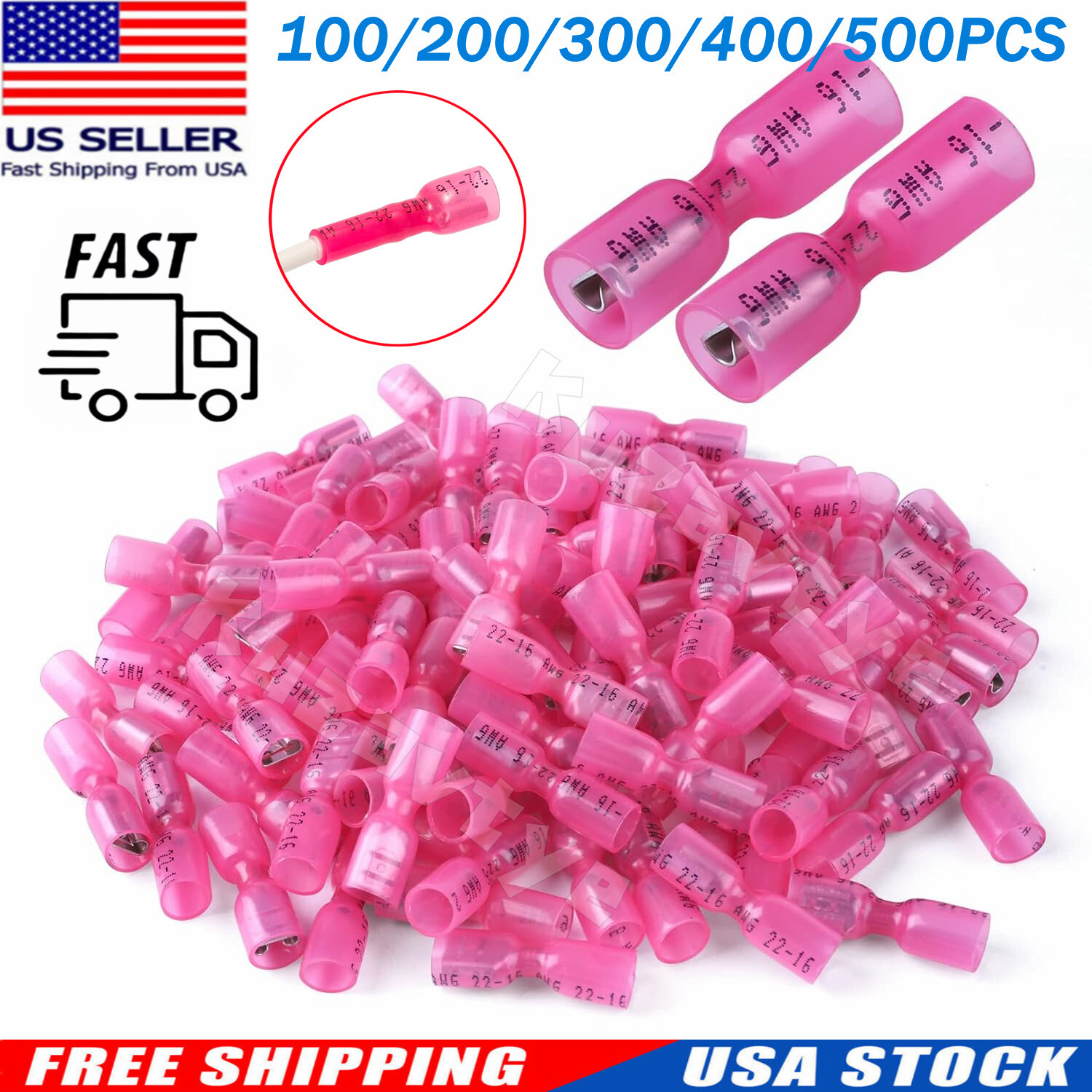 100/200X Spade Heat Shrink Wire Connectors Female 22-16 AWG Crimp Terminals Red
