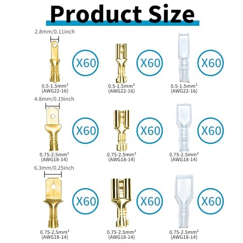 360pcs 2.8mm 4.8mm 6.3mm Male and Female Spade Connectors Kit with Gold