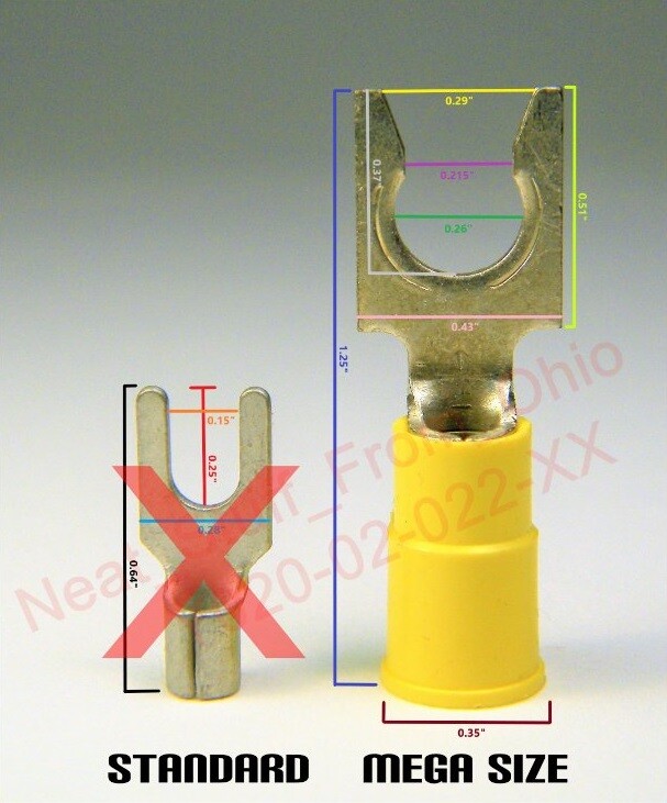 FORK TONGUE CRIMP CONNECTOR, 12-10 AWG, YELLOW, MEGA-SIZE FOR LARGE SCREW / POST