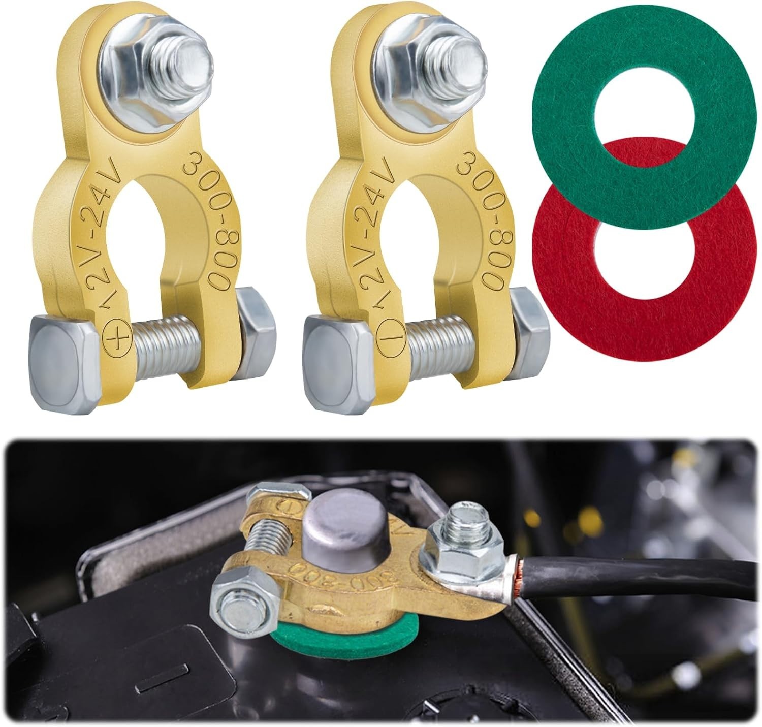 1 Pair Automotive Battery Terminal Connectors with Protective Washers – 12V/24V