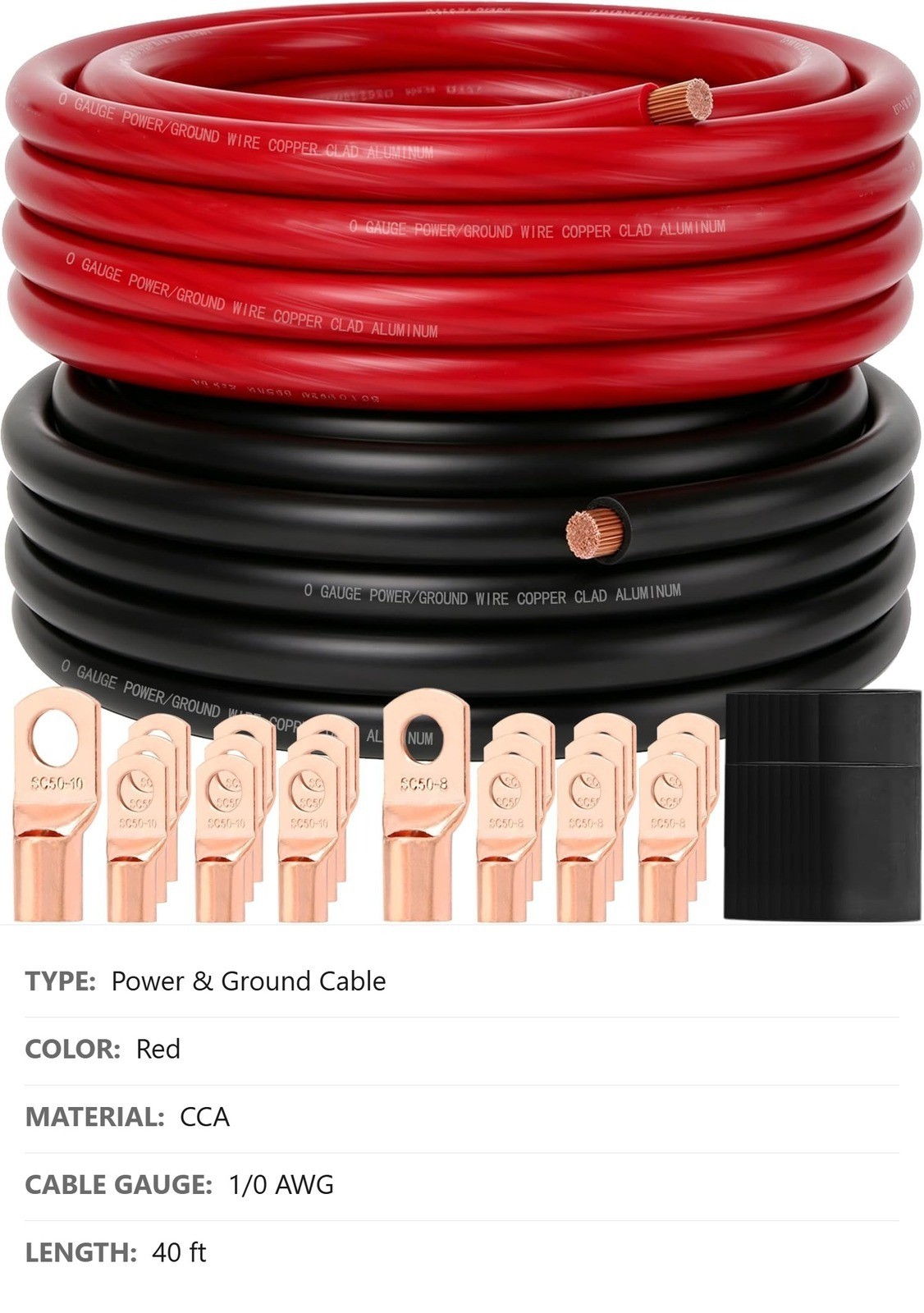 1/0 AWG Battery Cable Kit, 40 Ft, Red Black, CCA, 20 Pc Lugs, Heat Shrink Tube
