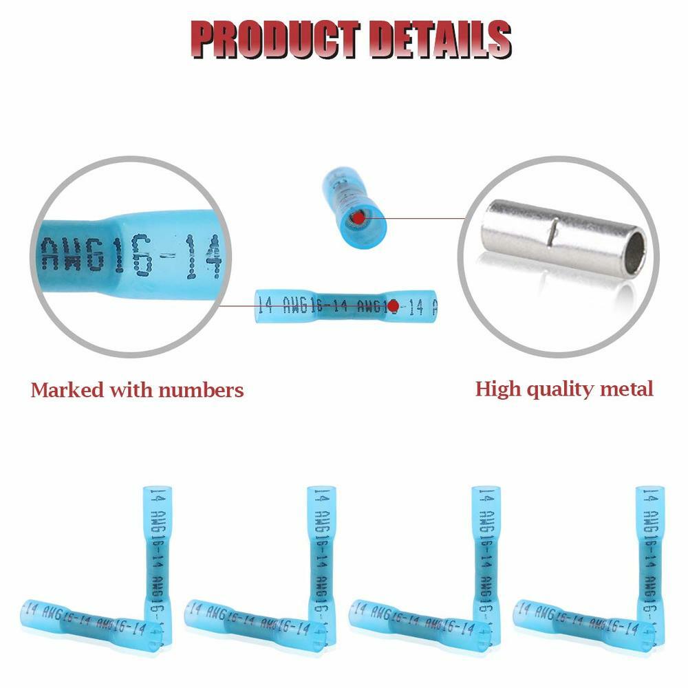 1000PCS Heat Shrink Waterproof Wire Connectors Blue 14-16AWG Butt Seal Terminals