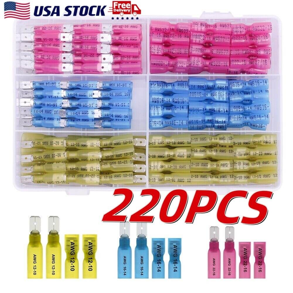 220pcs Heat Shrink Wire Connectors Crimp Spade Butt Splice Terminals Waterproof