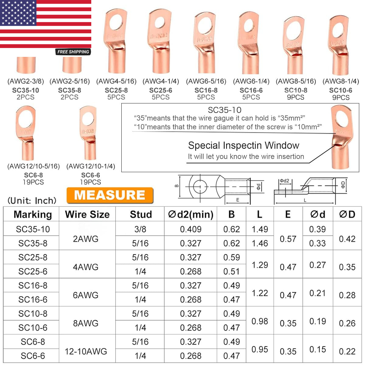 100Pcs Copper Wire Lugs AWG 6 8 10 12 with Heat Shrink Set, 50Pcs Battery Cable