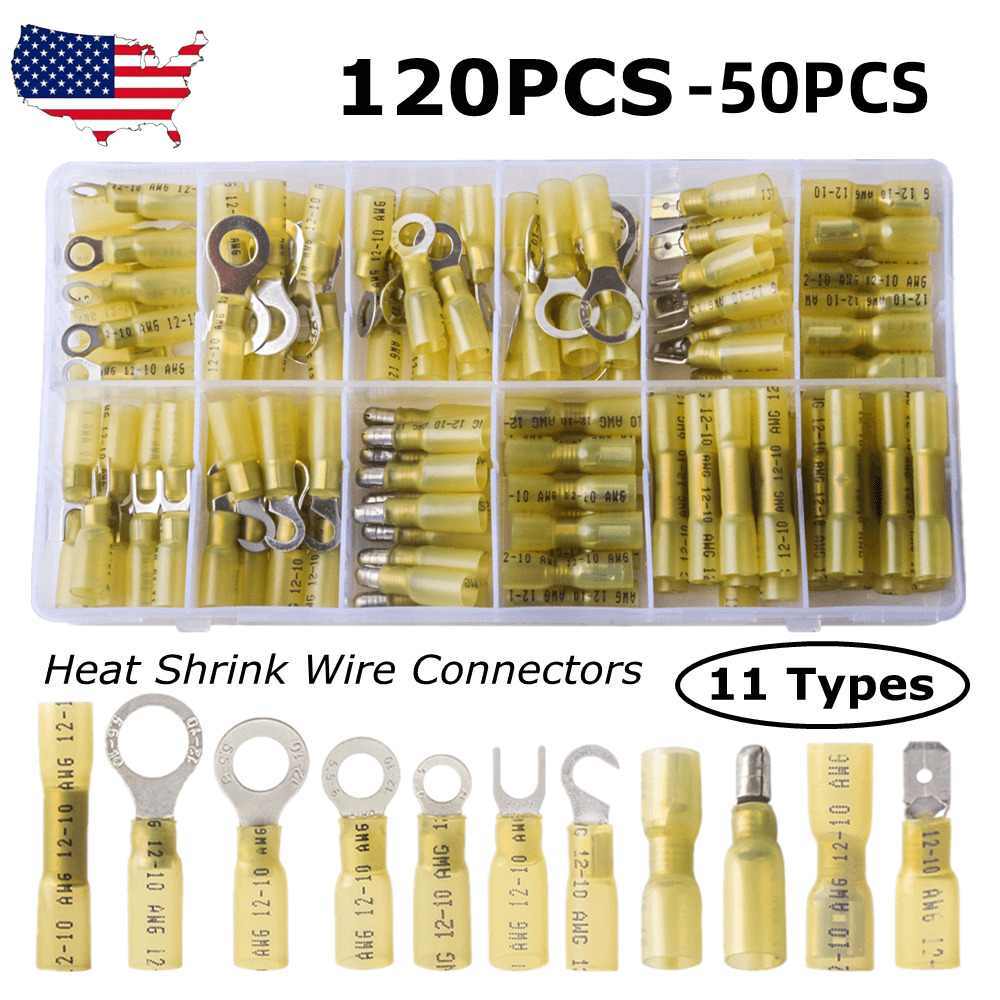 120/50PCS Heat Shrink Electrical Wire Connectors Crimp Terminals 12-10AWG Yellow