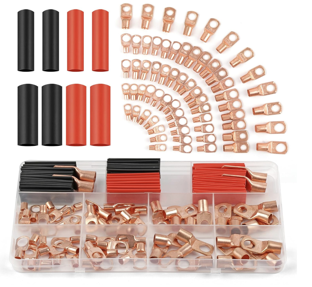 Copper Battery Cable Ends Wire Lugs Assortment Kit AWG 2 4 6 8 10 Gauge 150pcs