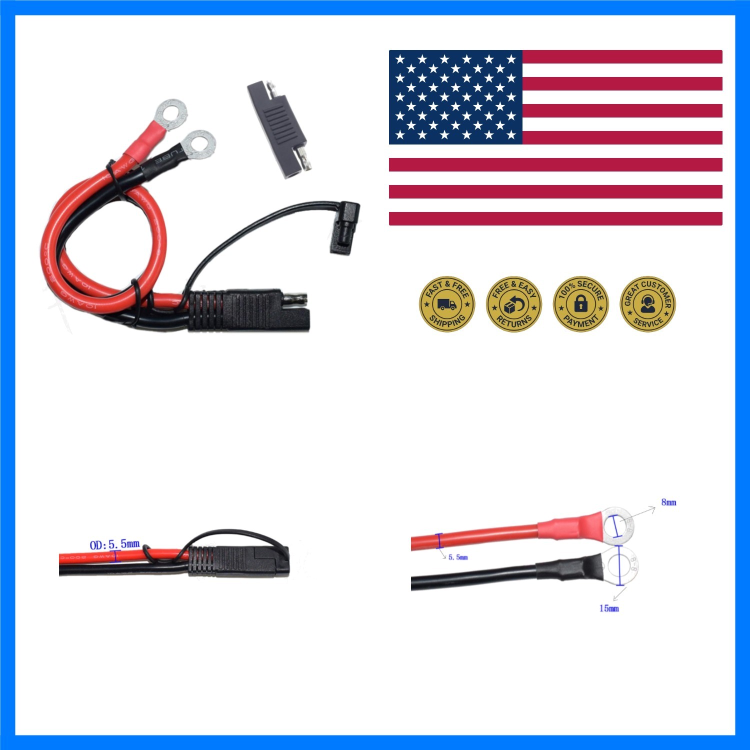 Battery Charging Cable SAE to O Ring Terminal Connectors Harness, 10AWG Quick…