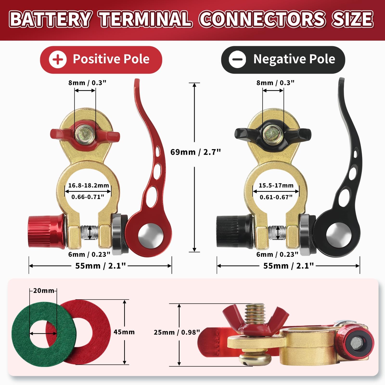 Battery Terminal Connectors 1 Pair, Terminals Brass (M8 x 25mm…