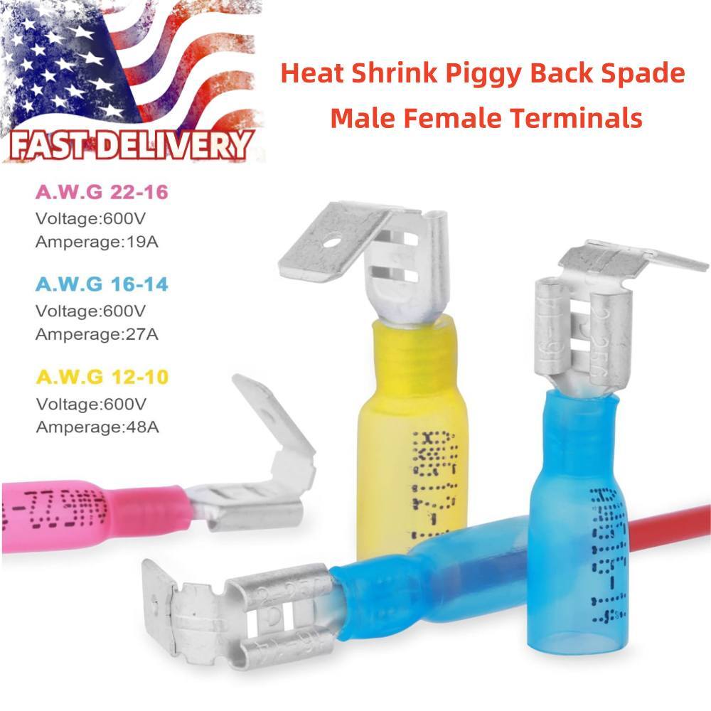 50/75/150x 22-10AWG 3 Way Wire Connectors Heat Shrink Piggyback Spade Terminals