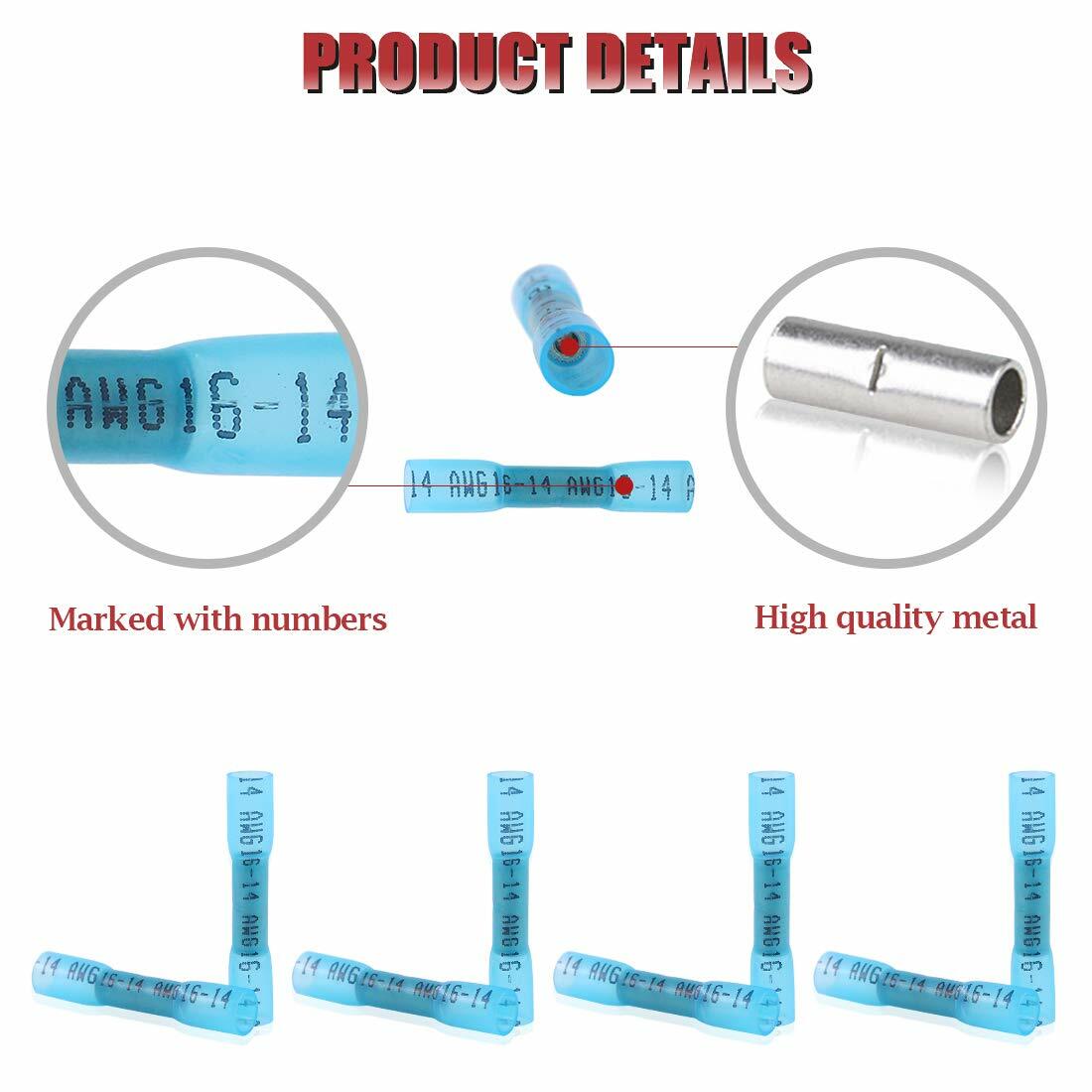 1000pcs Blue AWG Heat Shrink Butt Wire Connectors Crimp Terminals 14-16 Gauge US