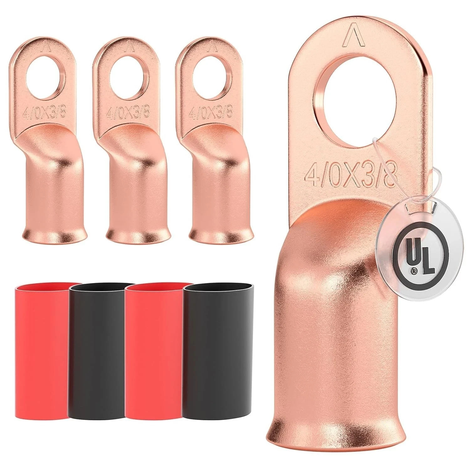 UL Listed 4/0 AWG – 3/8″ Battery Cable Lugs, Heat Shrink Ring Terminals End, Cop