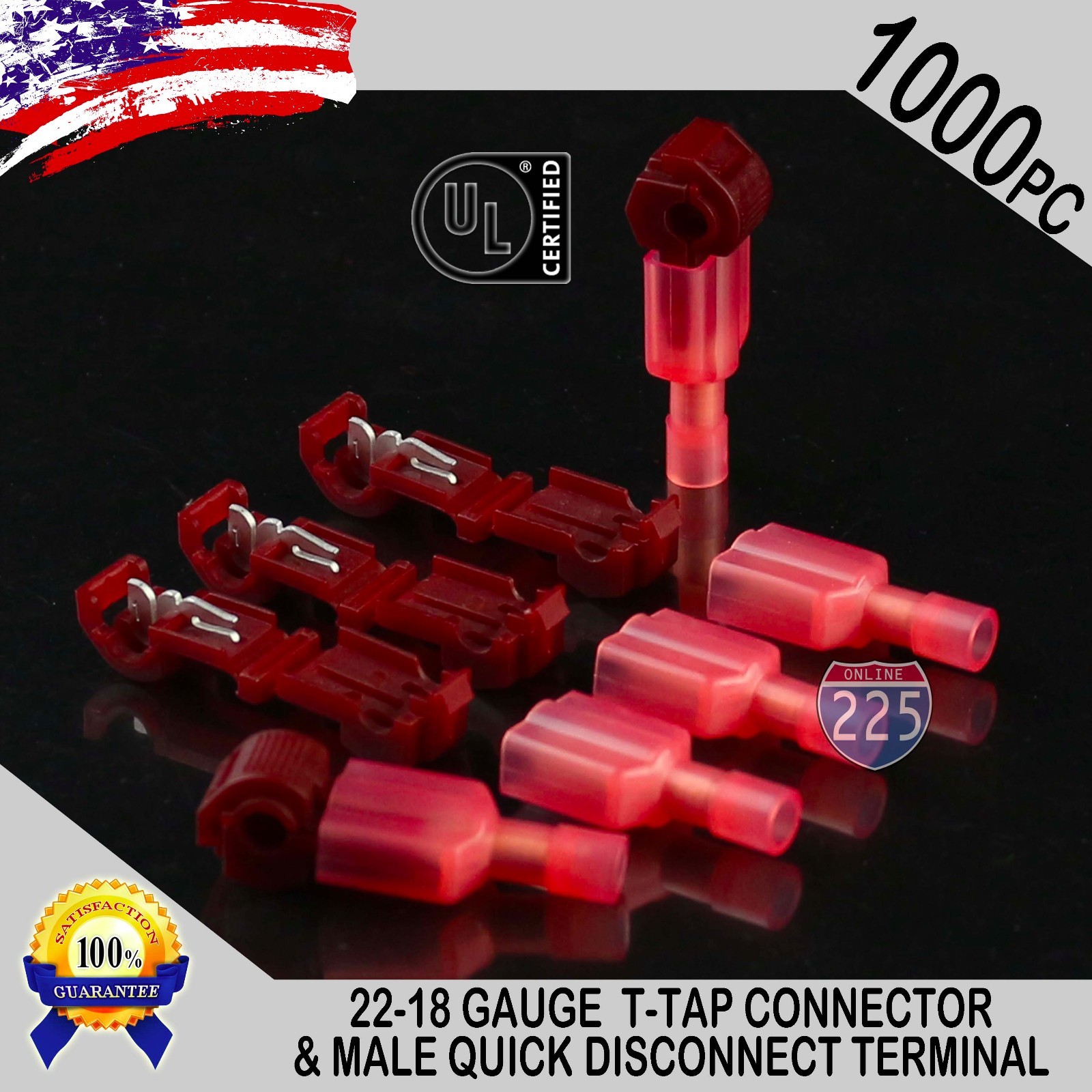(1000) T-Taps + Male Disconnect Wire Connectors Red 22-18 AWG Gauge Terminals UL