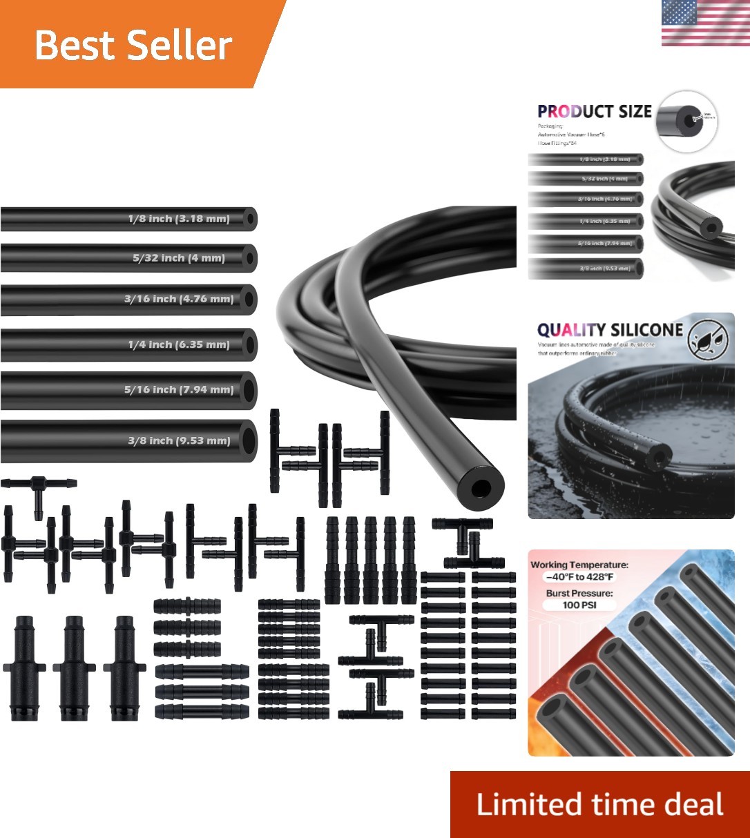 6PCS 5Ft Vacuum Lines Automotive with 64PCS Connectors,Multi-Size Silicone Va…