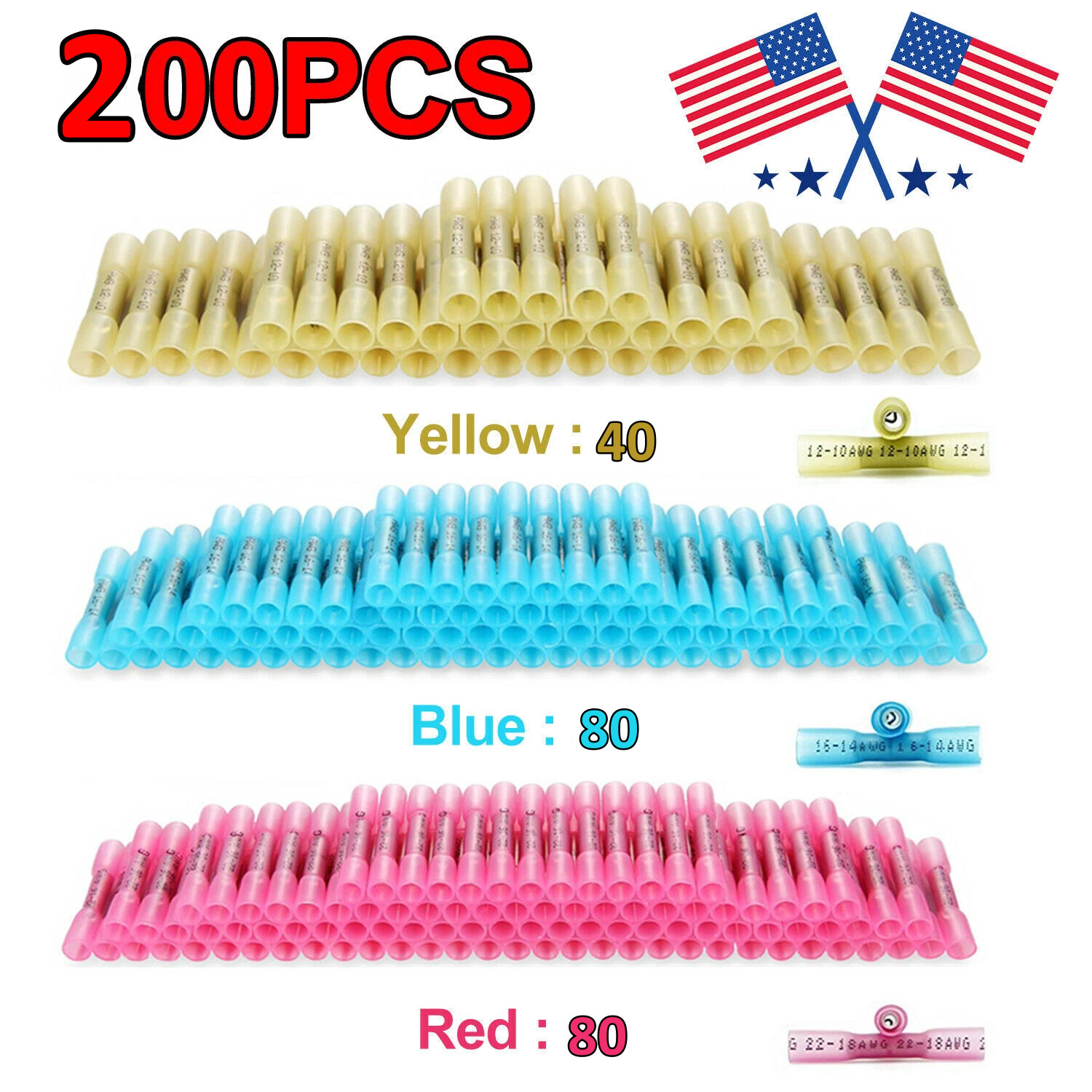 200PCS Heat Shrink Butt Wire Splice Connectors Seal Crimp Terminals USA