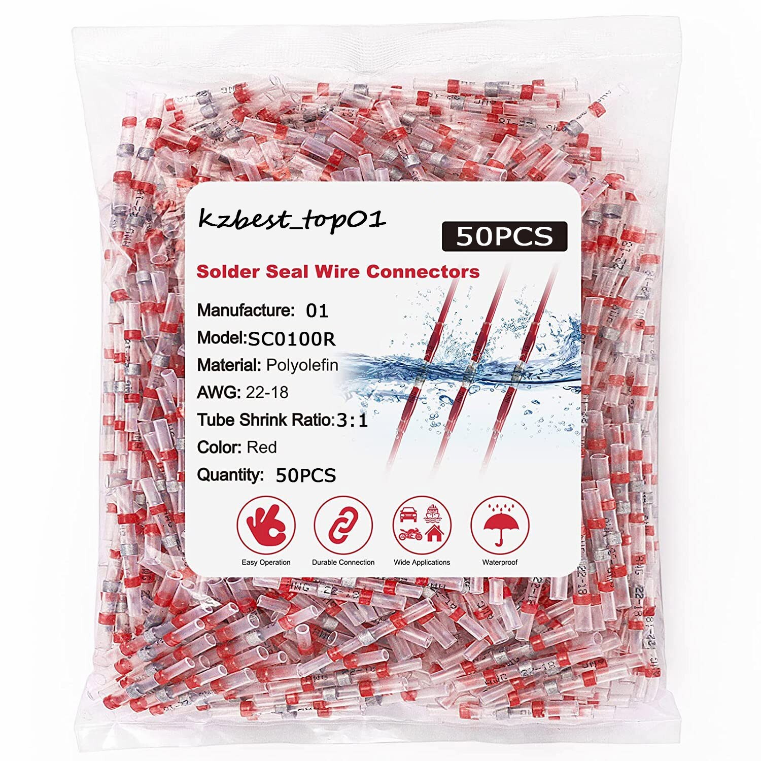 50PCS Solder Seal Sleeve Waterproof Heat Shrink Butt Wire Connectors Terminals
