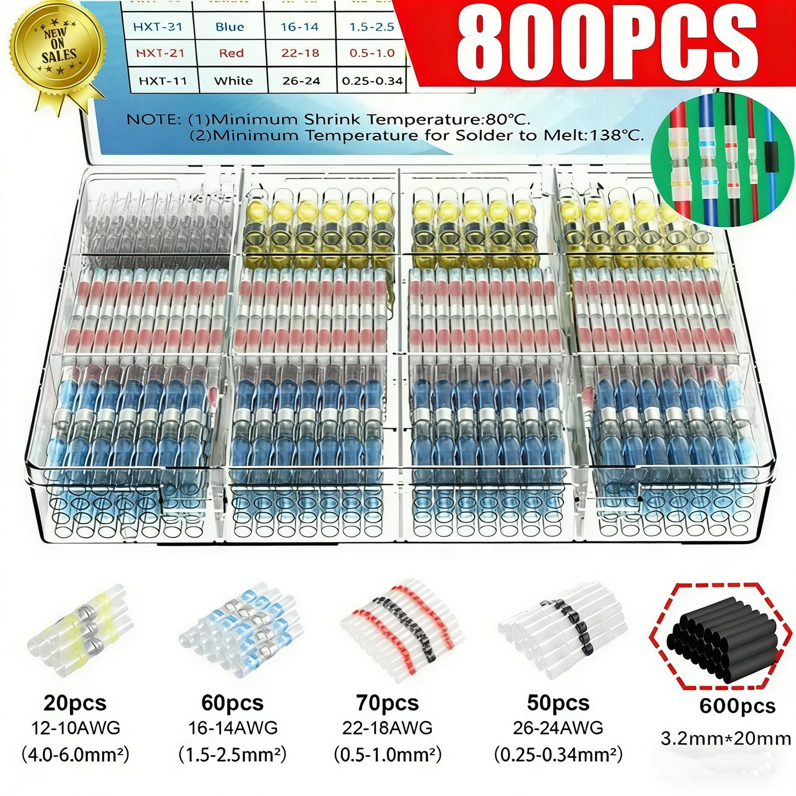 800PCS Waterproof Solder Stick Seal Sleeve Heat Shrink Butt Wire Connectors Kit