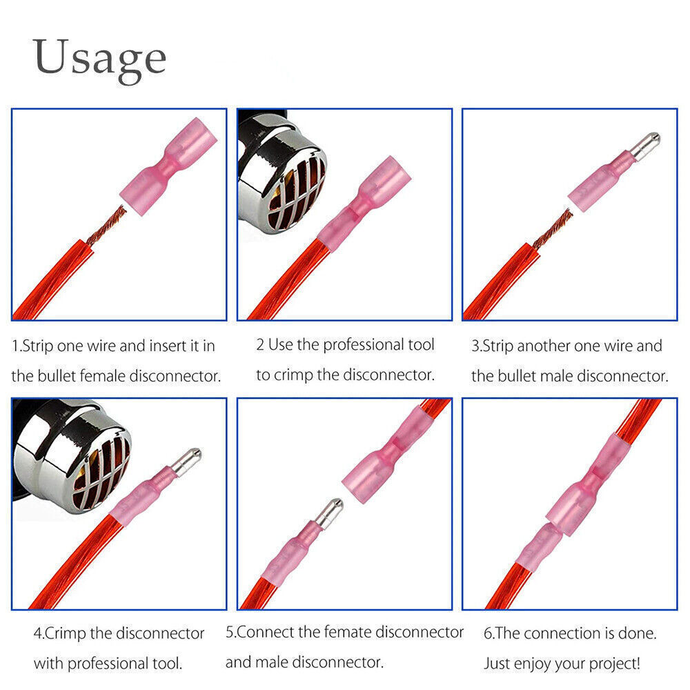 22-16 AWG Heat Shrink Wire Connectors Male Female Bullet Crimp Terminals Red