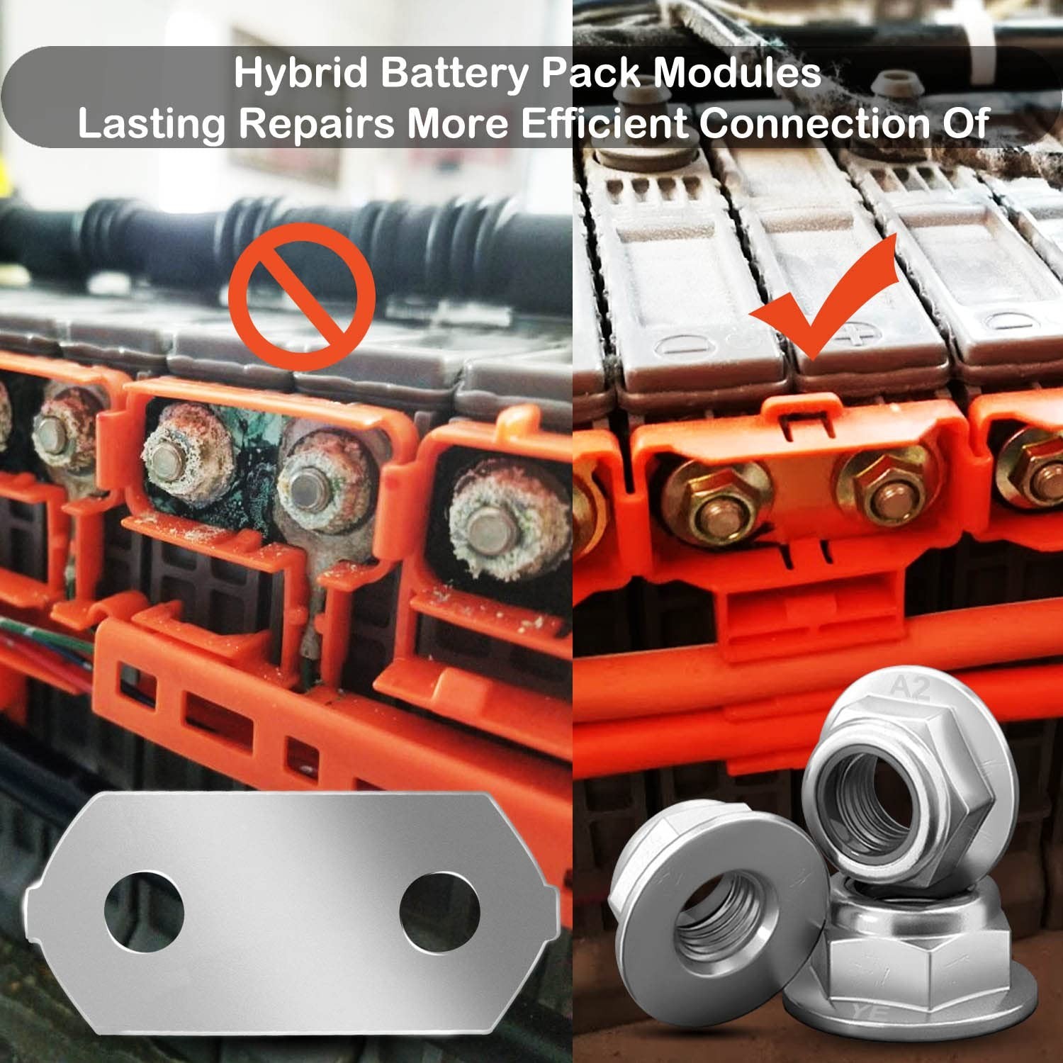 Hybrid Battery, Nickel-Plated Copper Bus Bars & SS Nuts Set, Compatible with 200