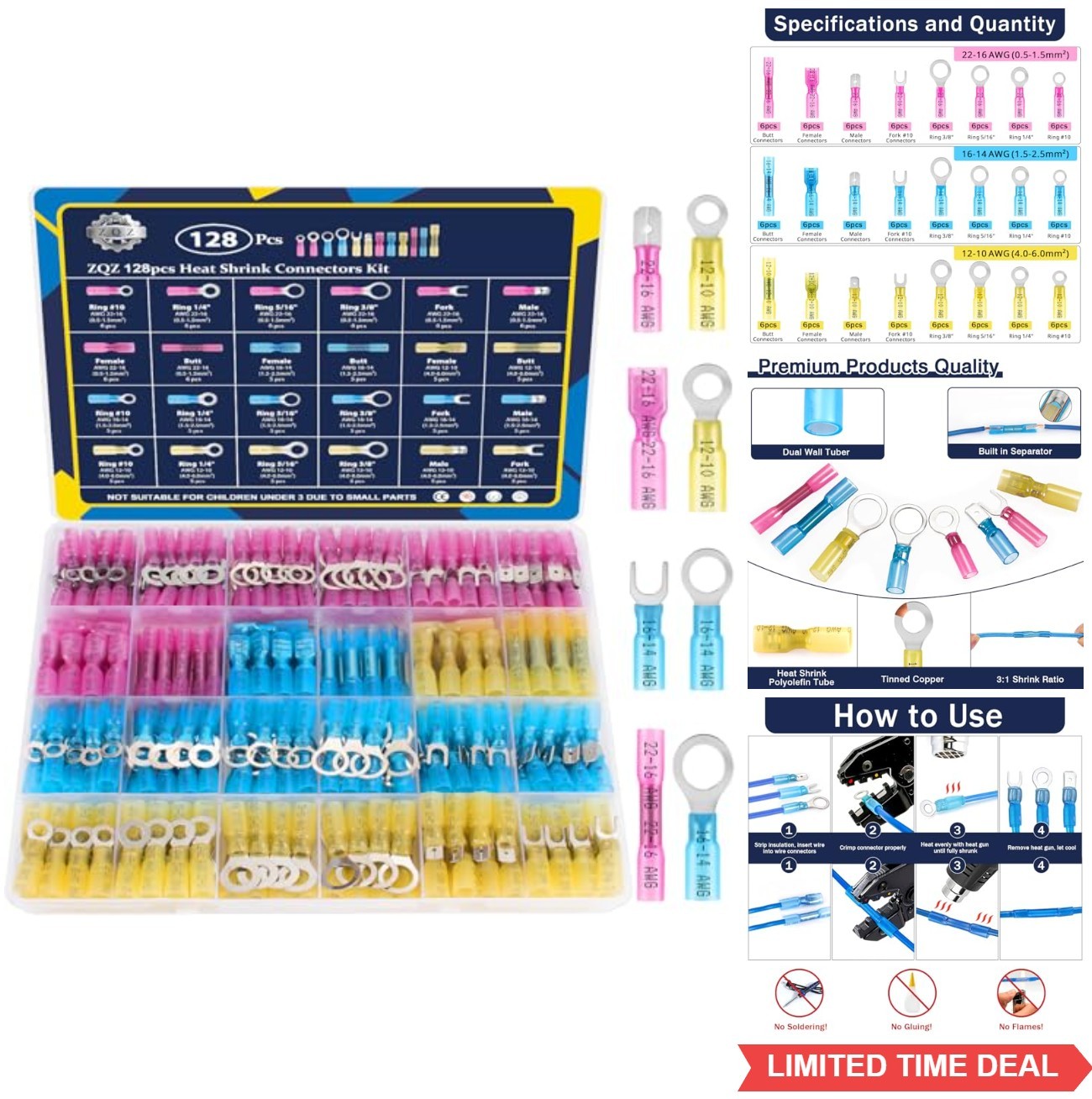 Heat Shrink Wire Connectors Kit 128PCS Marine Grade Waterproof Crimp Terminals
