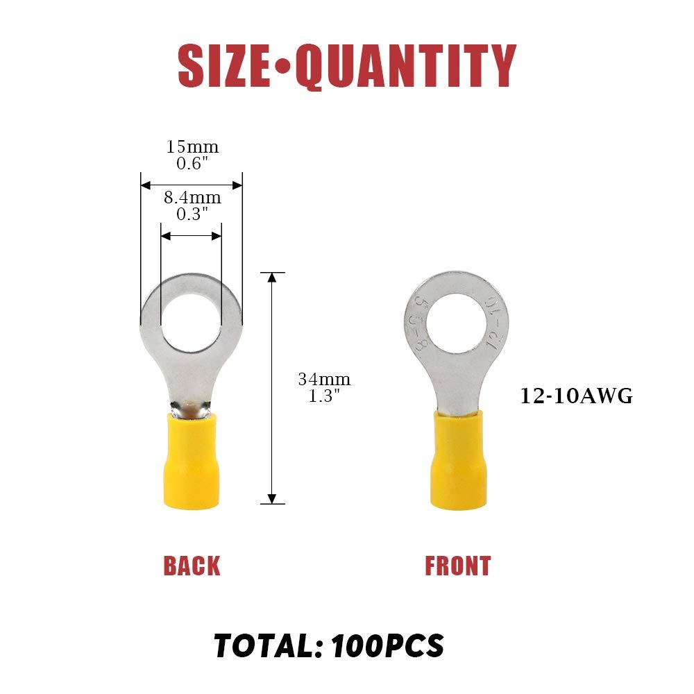 Hilitchi 100Pcs 12-10AWG Insulated Terminals Ring Electrical Wire Crimp Conne…