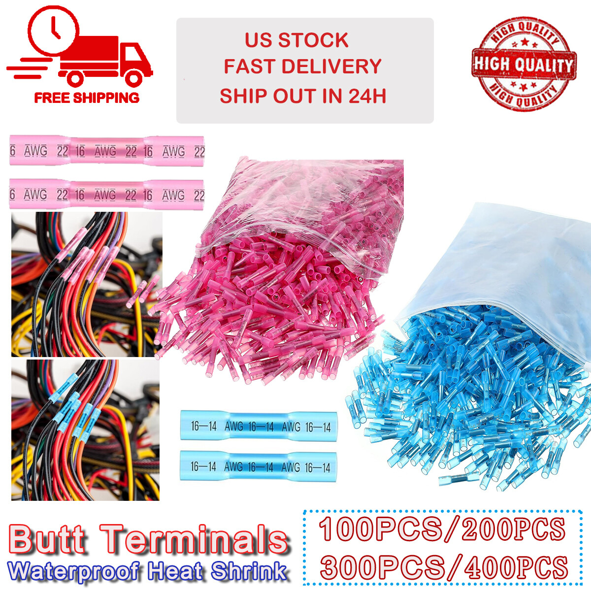 300Pcs Blue Pink Heat Shrink Butt Wire Connector Crimp Terminals AWG 16-14 Gauge