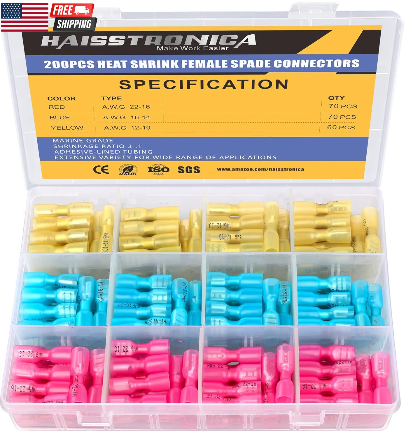200PCS Heat Shrink Female Spade Connectors, 22-10 AWG Tinned Copper Crimp Termin