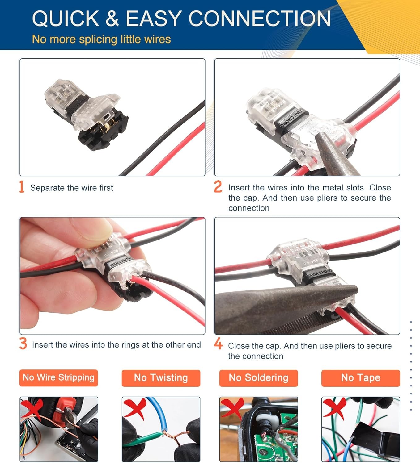 12pcs Low Volt Solid T Tap Wire Connectors 2 Pins Quick Splice 3 Way 24-20 AWG