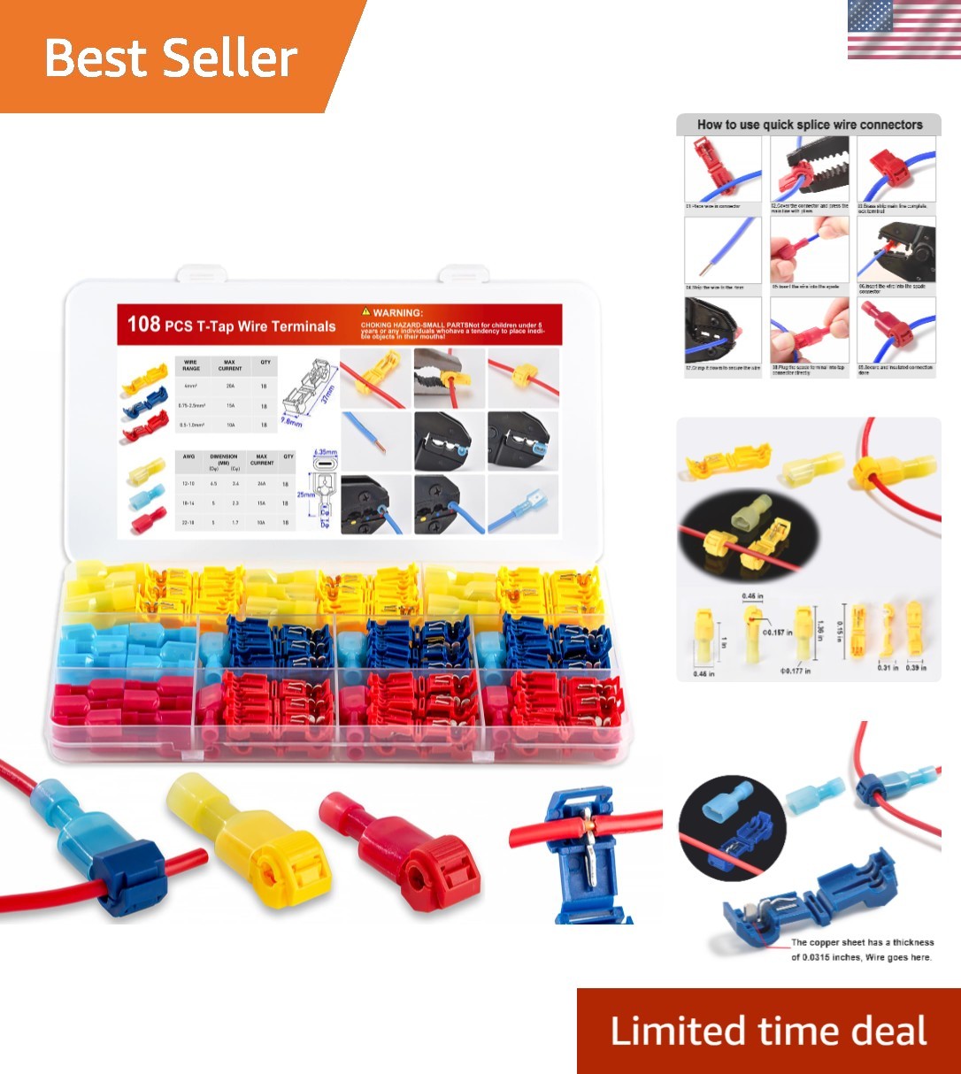 T-Tap Wire Connectors Kit 108 pcs Automotive Self-Stripping Electrical Terminals