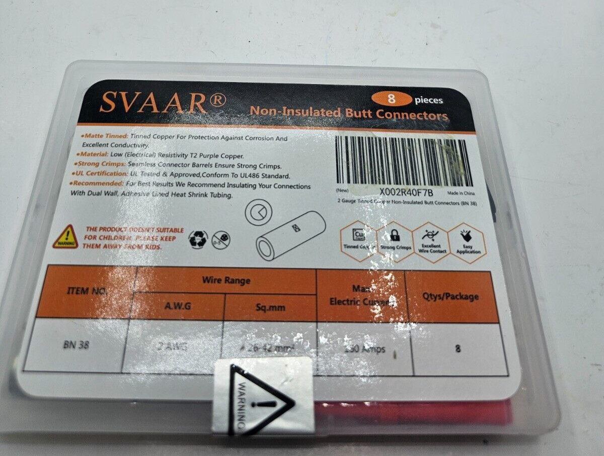 SVAAR 2 AWG Butt Connectors 8PCS 2 Gauge Non-Insulated Butt Splice Connectors