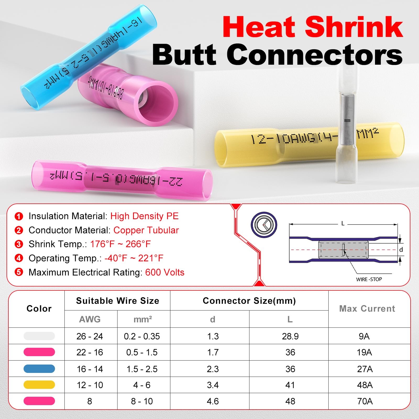 Heat Shrink Butt Connectors 22-16 AWG, 100 Pcs Waterproof Electrical Crimp Sp…