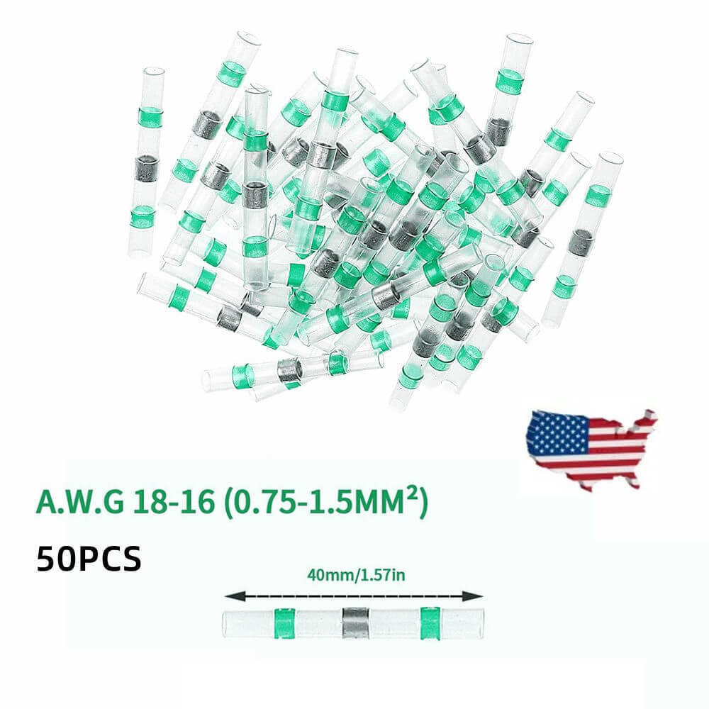 Green Solder Seal Sleeve Terminals Heat Shrink Butt Wire Connectors 18-16AWG