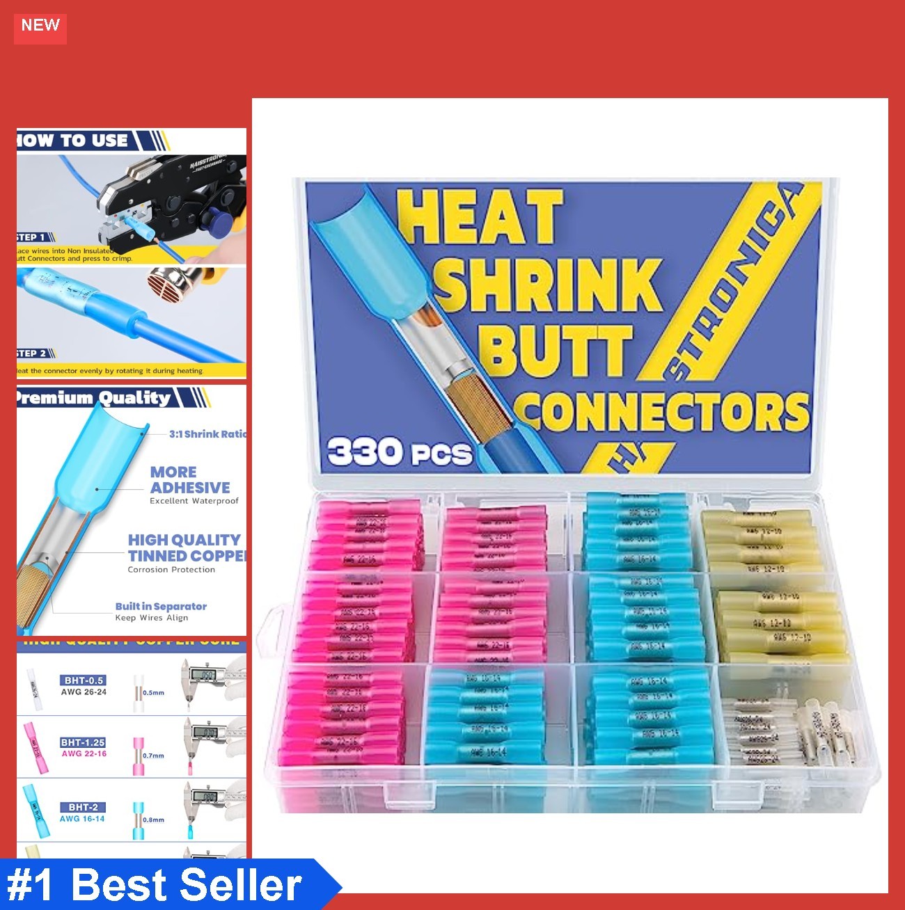 330PCS Heat Shrink Butt Connectors 26-10 AWG 3:1 Adhesive Lined Waterproof Wire