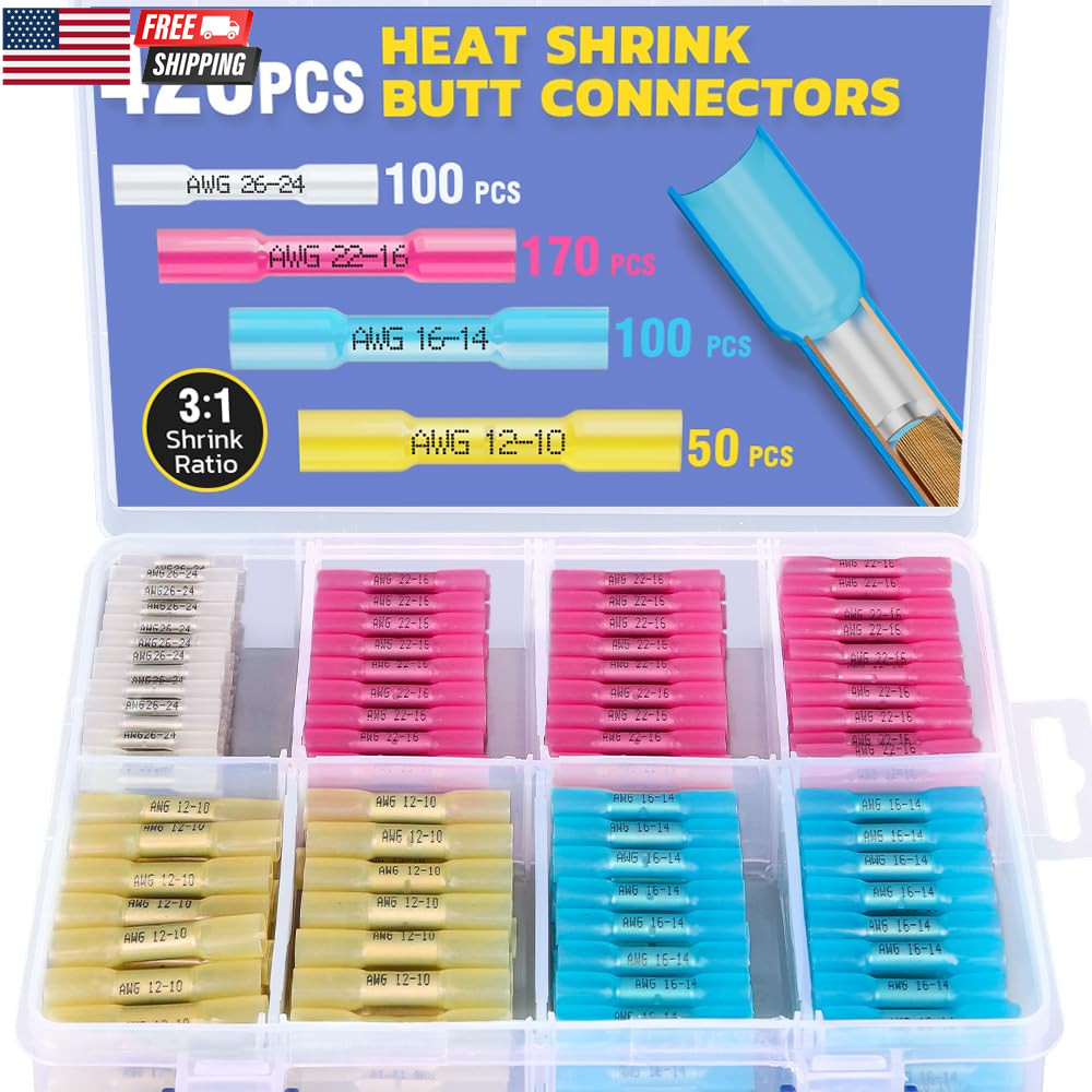 420PCS Heat Shrink Butt Connectors Kit Marine Grade Waterproof Insulated Electri