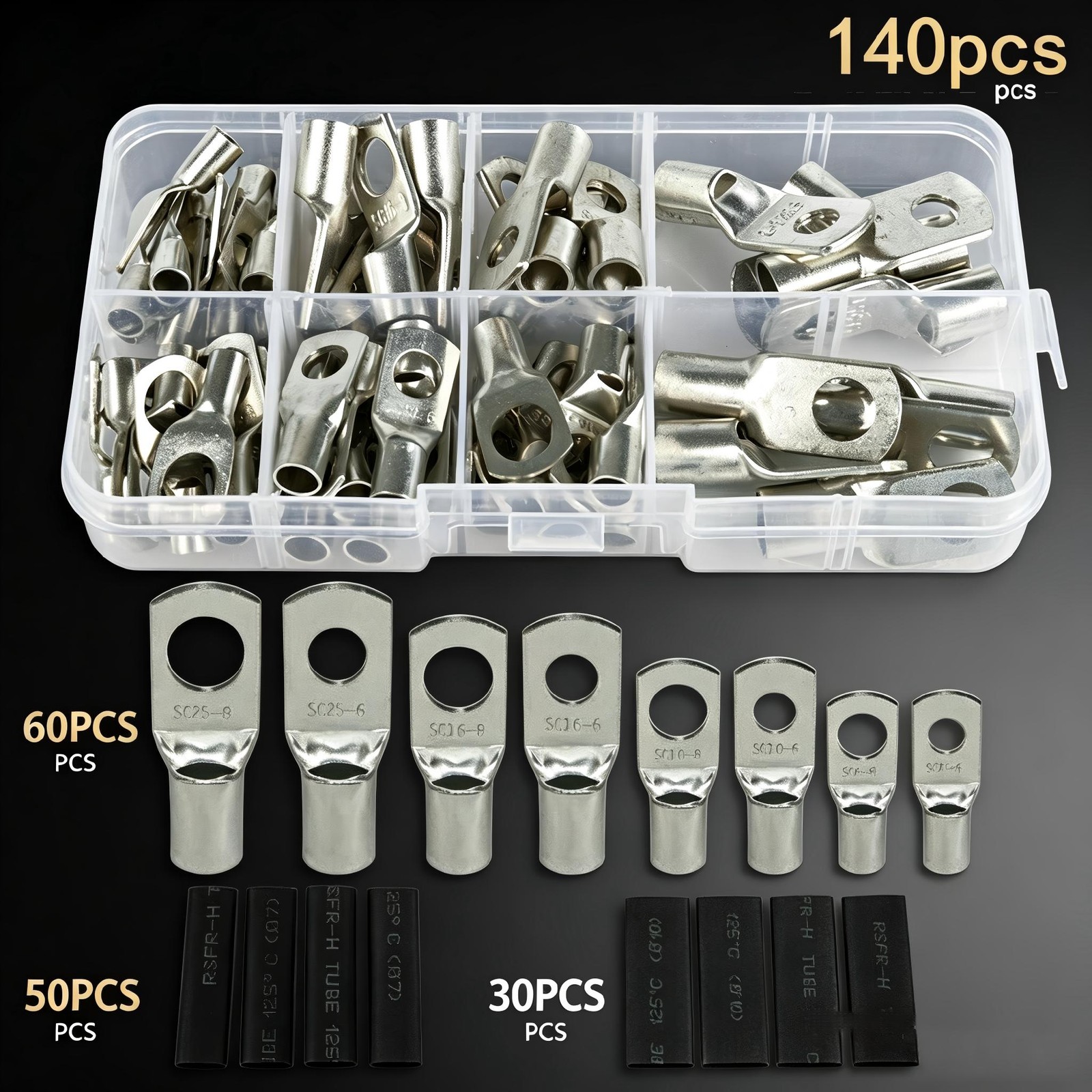 140x Heavy Duty Wire Lugs Battery Cable Tinned Copper Eyelets SC Ring Terminals