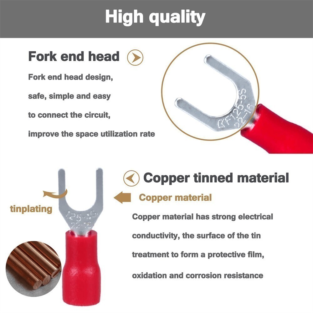 1000pcs RED FORK SPADE TERMINAL 22-16AWG #8 VINYL INSULATED CRIMP WIRE CONNECTOR