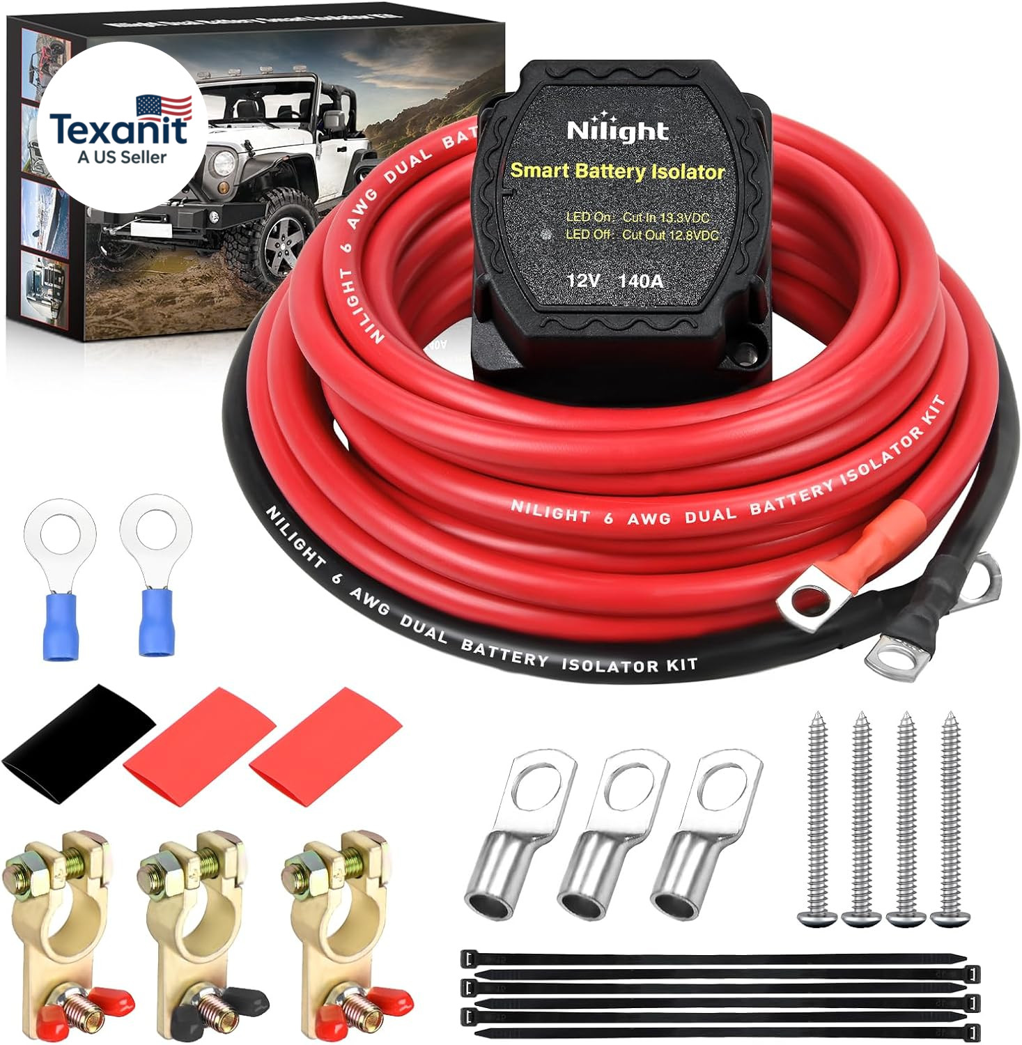 12V 140AMP Dual Battery Isolator Kit with 6 AWG Power Cable Terminal Voltage Sen