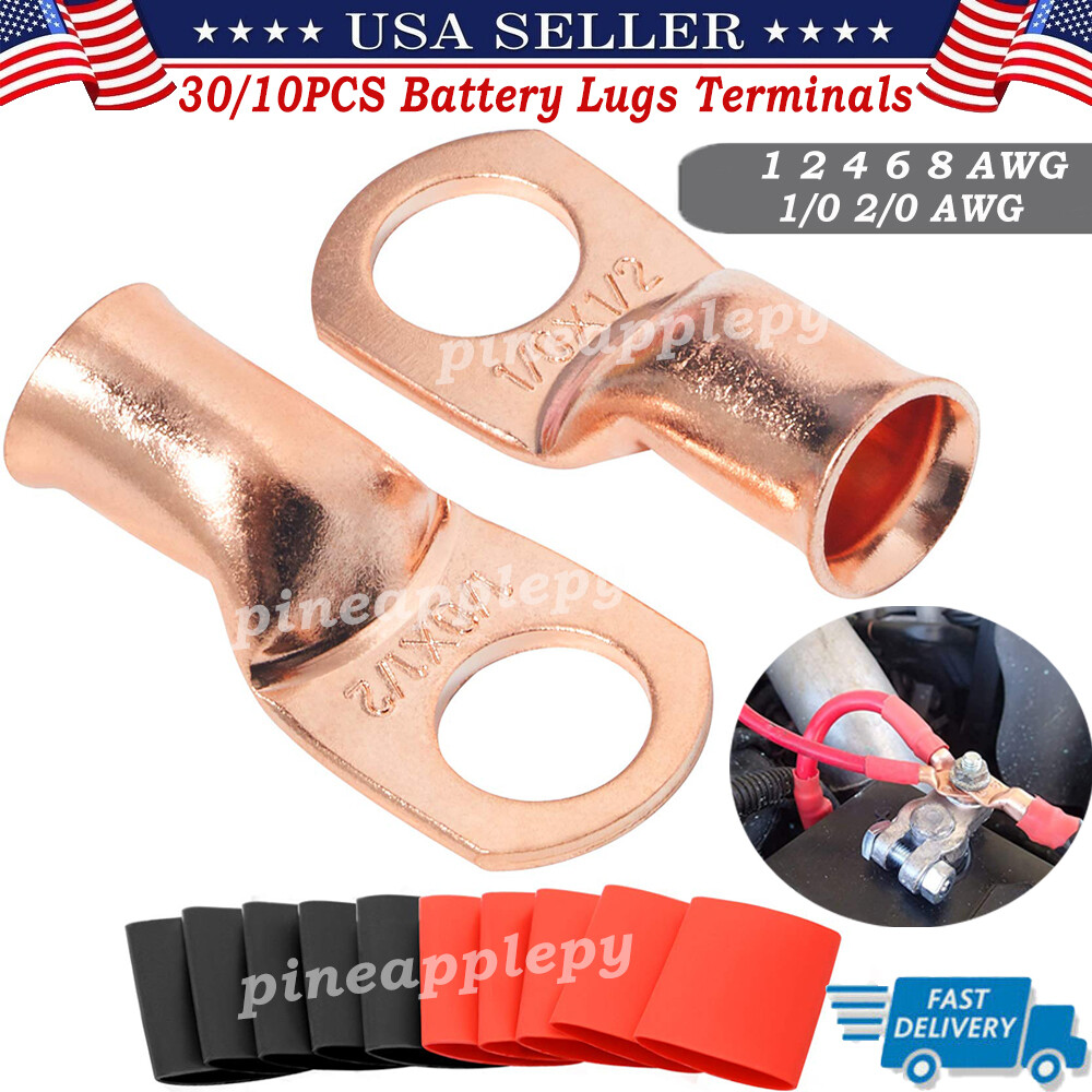 30/10PCS Battery Copper Lugs Wire Cable Ends Ring Terminal Connector with Tubing