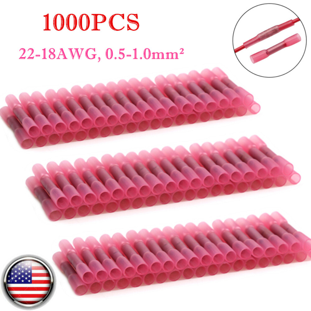 1000/600PCS 22-18AWG Heat Shrink Butt Wire Splice Connectors Crimp Terminals