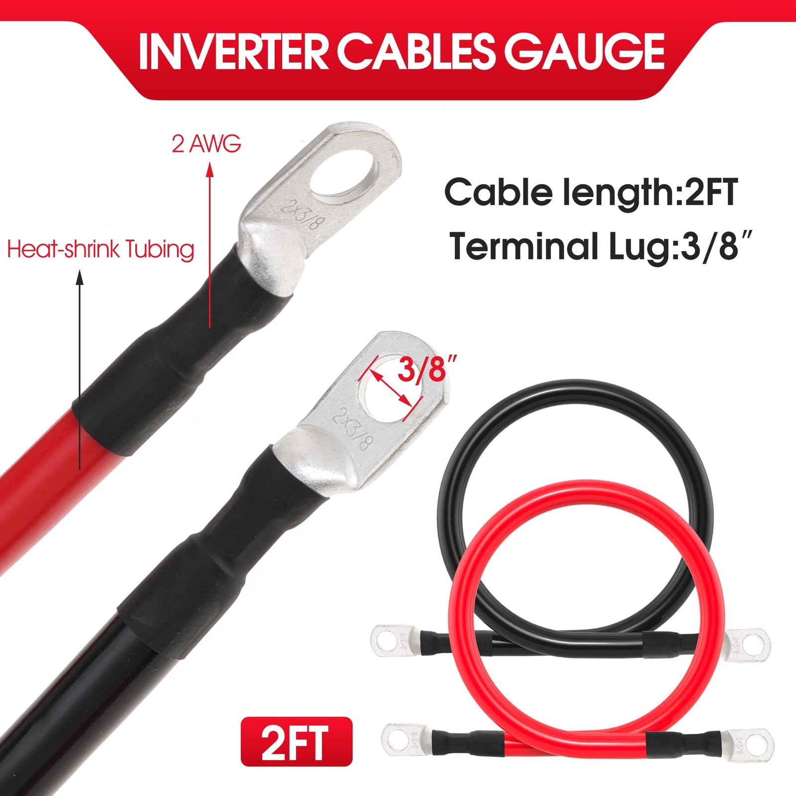 TUELETFU 2 AWG Battery Cable 2FT Black Copper Lugs