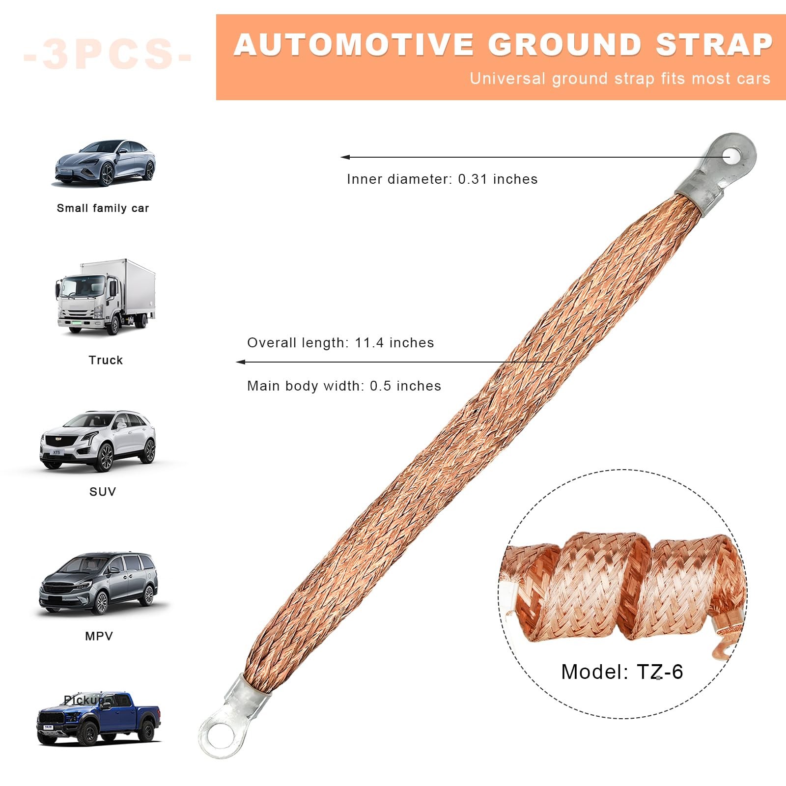 KVAEY 3PCS Automotive Ground Strap, Flat Braided Copper Grounding Cable Strap…