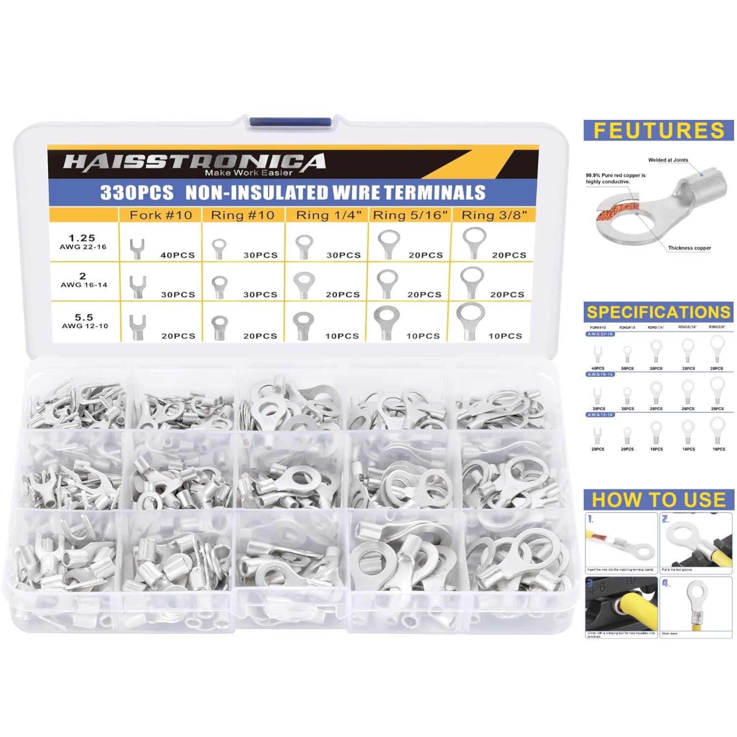 330PCS Non-Insulated Ring Terminals Kit – Tinned Red Copper for Electrical Use