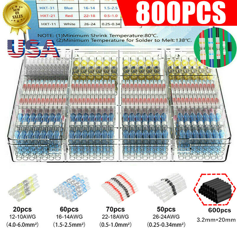 800pcs Waterproof Heat Shrink Butt Wire Connectors Terminals Solder Seal Sleeve