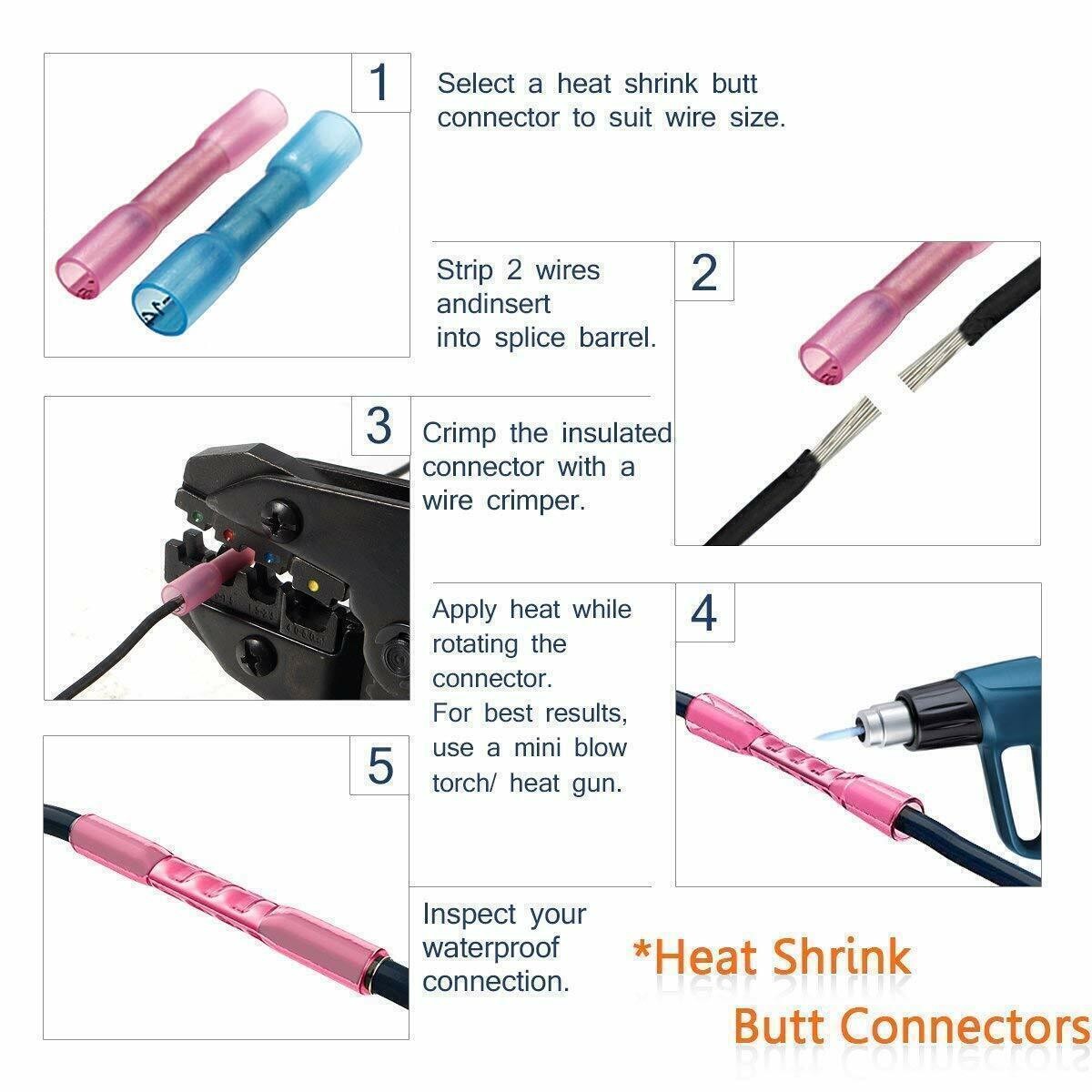 50pcs Heat Shrink Crimp Butt Electrical Wire Splice Terminal Connectors Kit