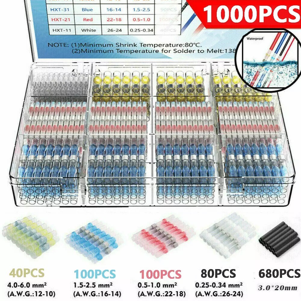 1000PCS Waterproof Solder Stick Seal Sleeve Heat Shrink Butt Wire Connectors Kit