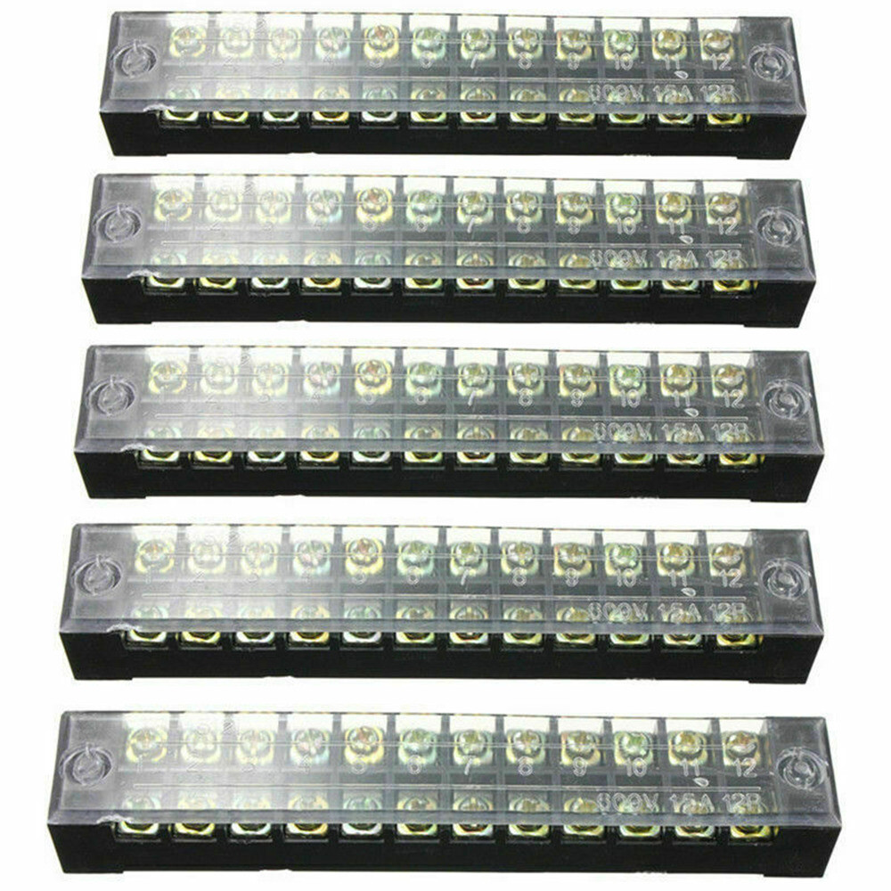 Dual Row 12 Positions 600V 15A Screw Terminal Electric Barrier Strip Block 5pcs